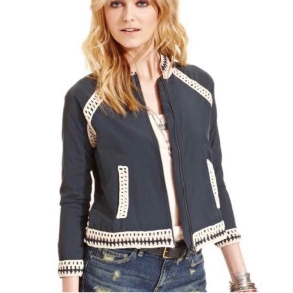 Free People Washed Black Baseball Crochet Jacket
